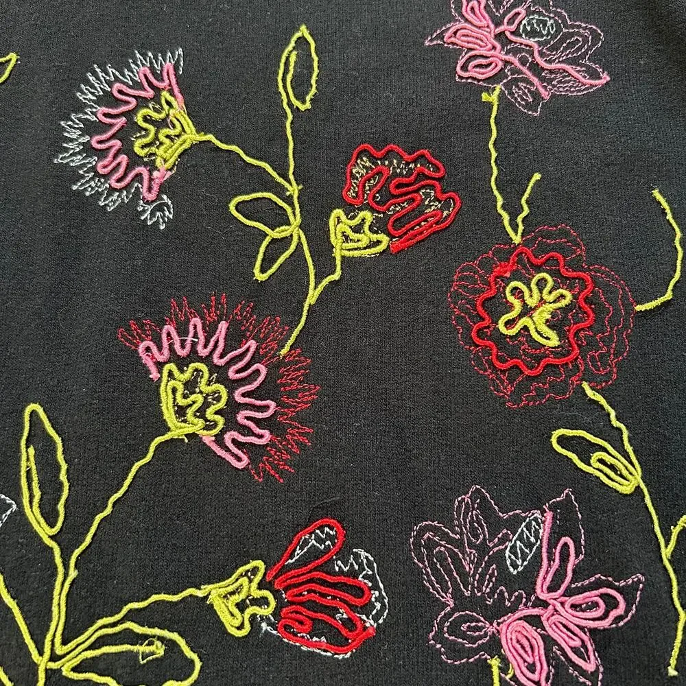 Vintage Black Knit Sweater with Neon Floral Embroidery + Bead Trim0